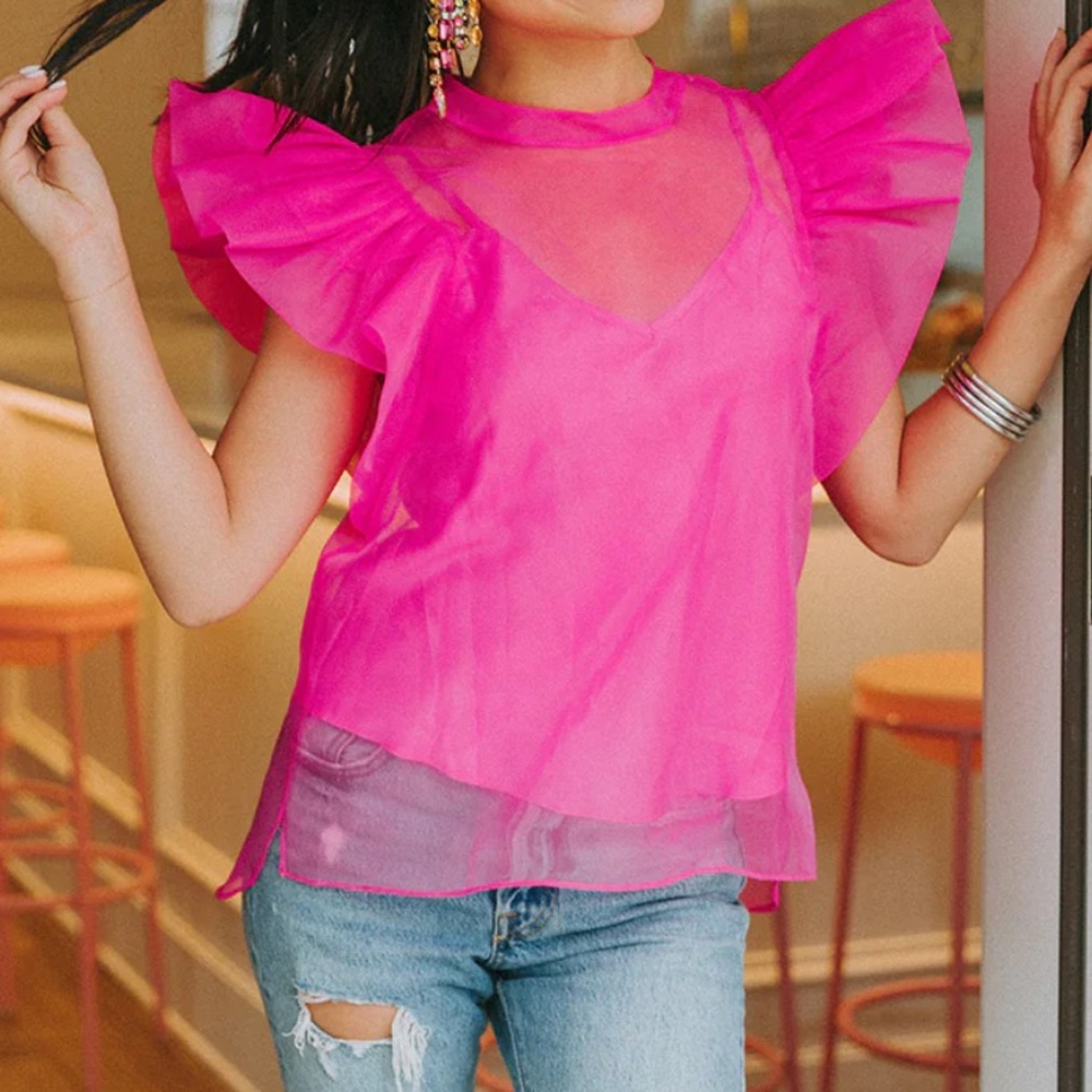 NWT Buddy love pink puff sleeve top with removable silk tank